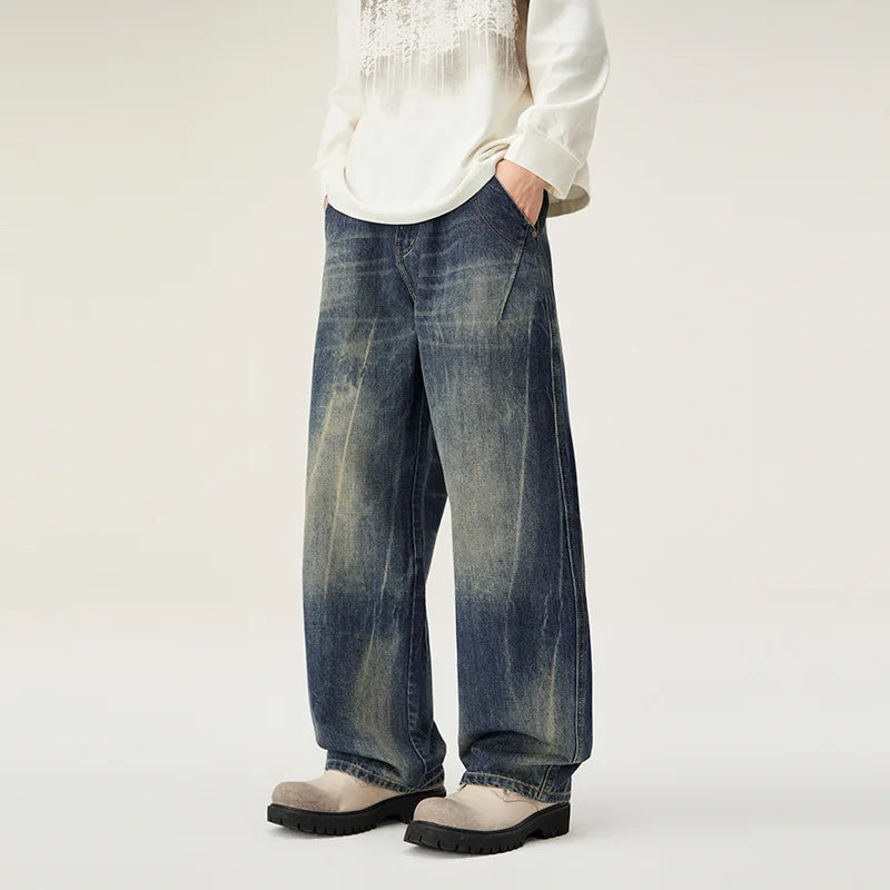High end American fashion brand jeans for men, fashionable loose straight leg hanging feeling, casual versatile denim pants