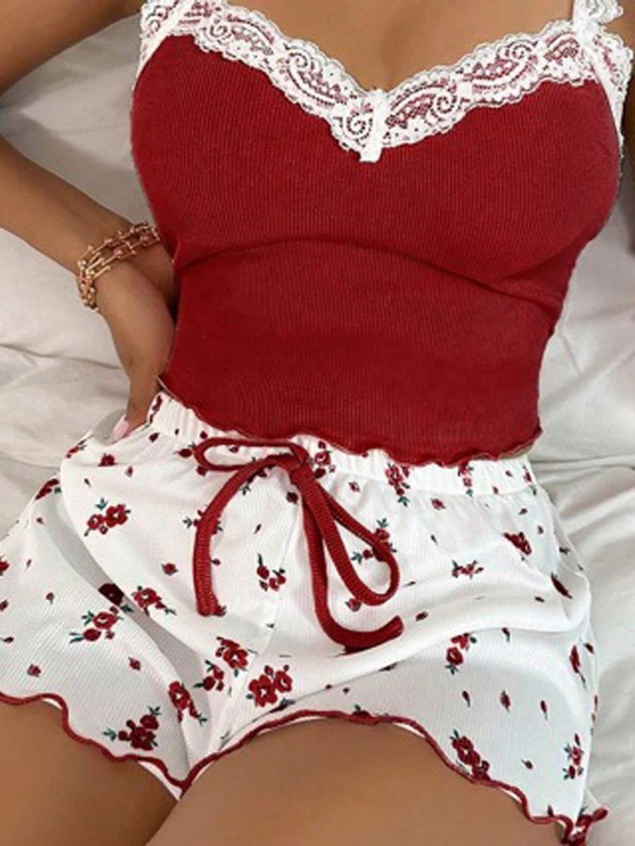Women Two-piece Summer Sexy Pajama Set Ribbed Knitted Flower Print Lace Trimmed Camisole Vest Bow Shorts Suspender Shorts Suit