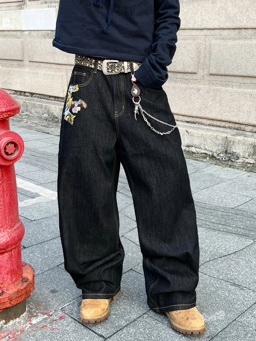 Men's Jeans Versatile Black Baggy Wide Pants,Trendy Embroidered Retro Y2K Men's Trousers,Suitable For All Seasons No Accessories