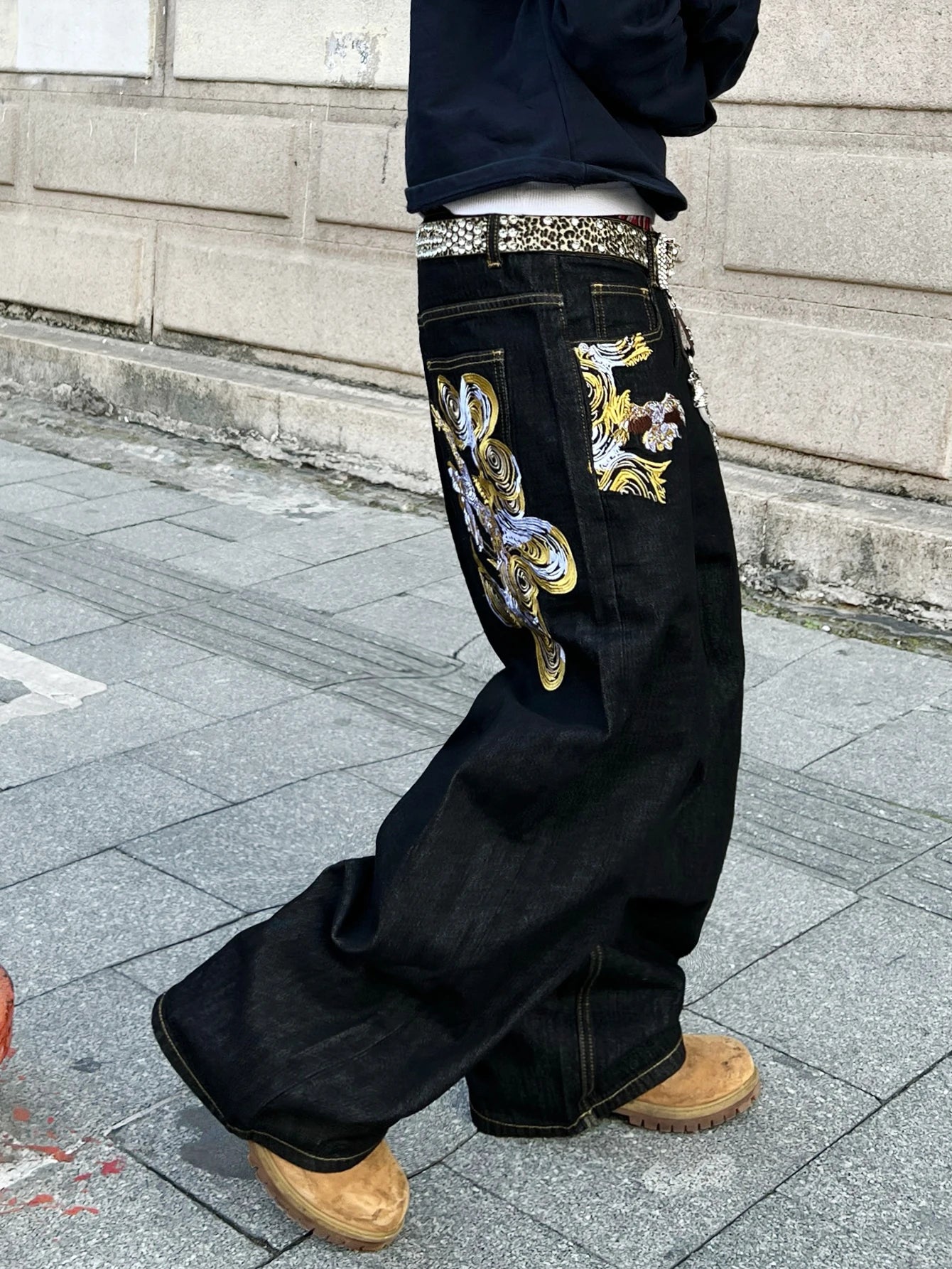 Men's Jeans Versatile Black Baggy Wide Pants,Trendy Embroidered Retro Y2K Men's Trousers,Suitable For All Seasons No Accessories