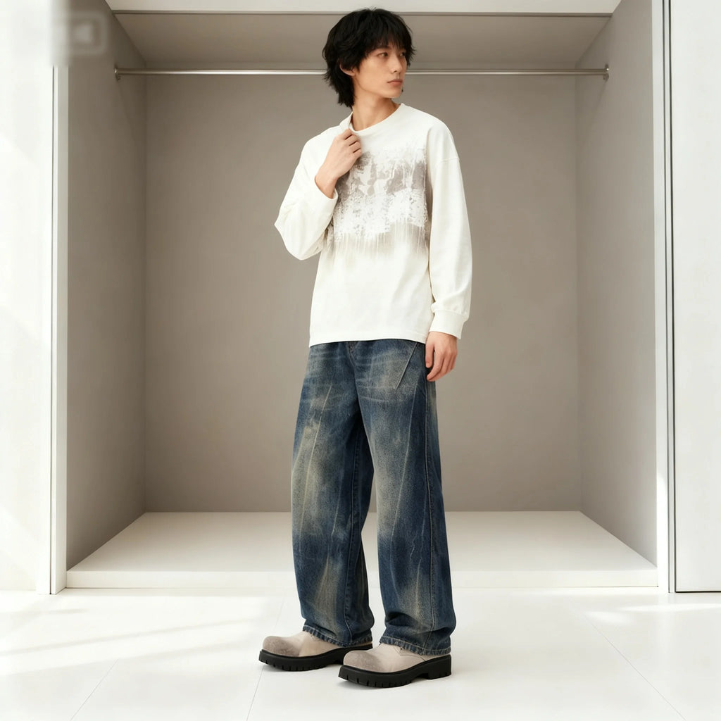 High end American fashion brand jeans for men, fashionable loose straight leg hanging feeling, casual versatile denim pants