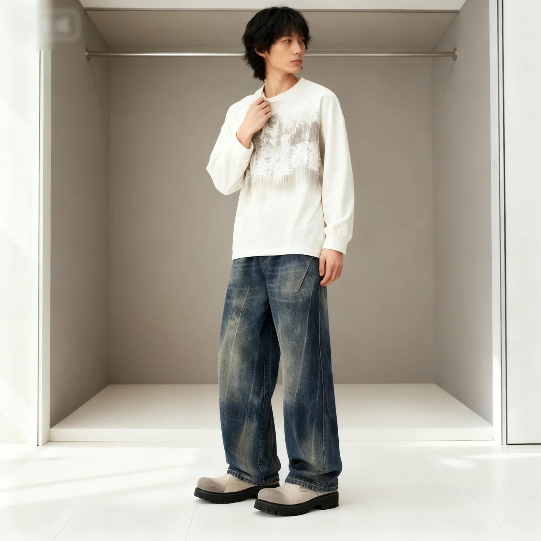 High end American fashion brand jeans for men, fashionable loose straight leg hanging feeling, casual versatile denim pants