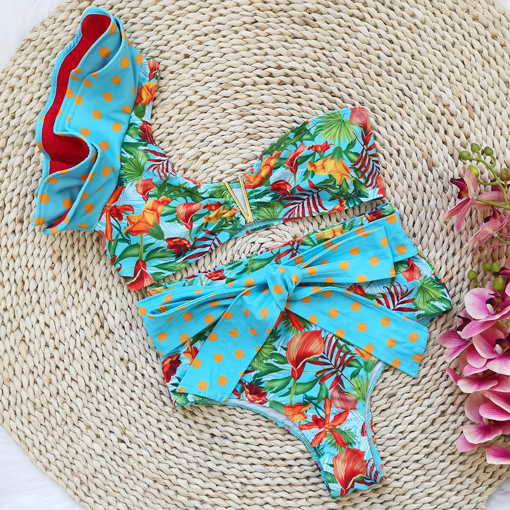 Two-Pieces Women Floral 2023 Push-Up Padded Bra Ruffles Bandage Bikini Set Swimsuit Swimwear Bathing Suit Beachwear Biquini