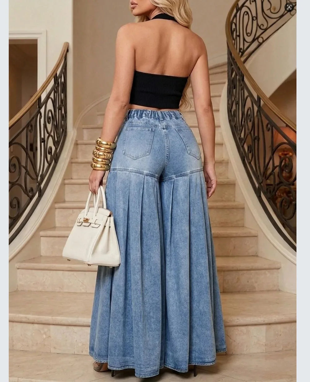 Women's Casual Jeans Fashionable Washed Pleated Large Flare Wide Leg Pants