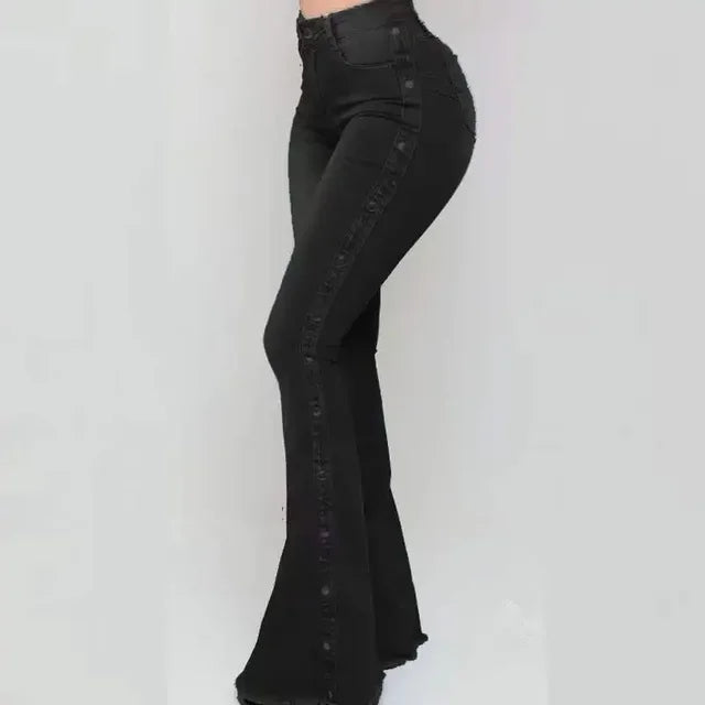 Women Jeans High Waist Strecth Denim Flare Pants Vintage Trousers Buttons Denims Streetwear Spring Autumn Female Floor Length