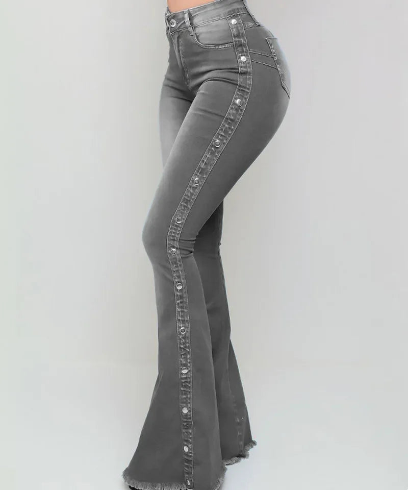 Women Jeans High Waist Strecth Denim Flare Pants Vintage Trousers Buttons Denims Streetwear Spring Autumn Female Floor Length
