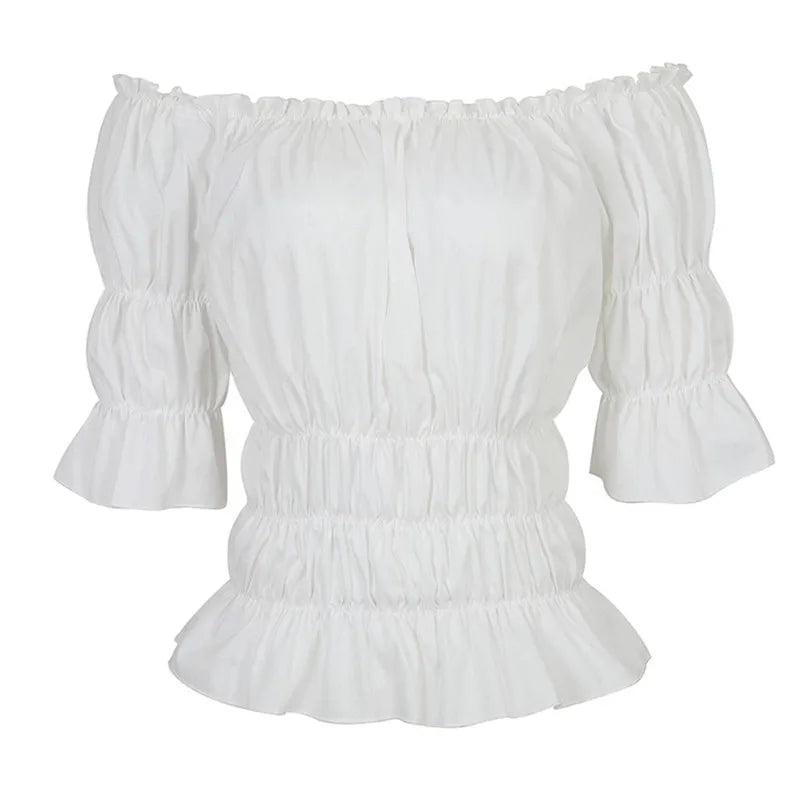Women Renaissance Blouse Tops Corset Waist Medieval Victorian Off Shoulder Short Sleeve Shirt Pirate Cosplay Costumes Halloween