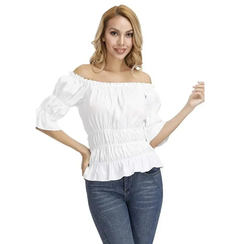 Women Renaissance Blouse Tops Corset Waist Medieval Victorian Off Shoulder Short Sleeve Shirt Pirate Cosplay Costumes Halloween