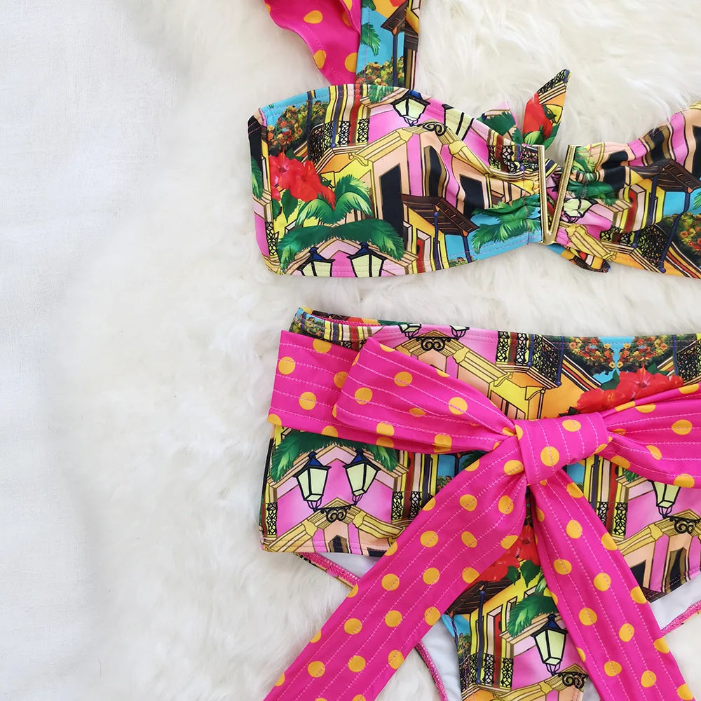 Two-Pieces Women Floral 2023 Push-Up Padded Bra Ruffles Bandage Bikini Set Swimsuit Swimwear Bathing Suit Beachwear Biquini