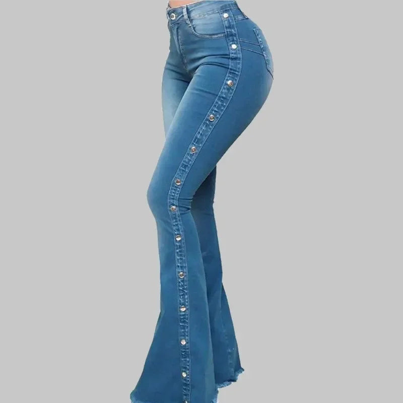 Women Jeans High Waist Strecth Denim Flare Pants Vintage Trousers Buttons Denims Streetwear Spring Autumn Female Floor Length
