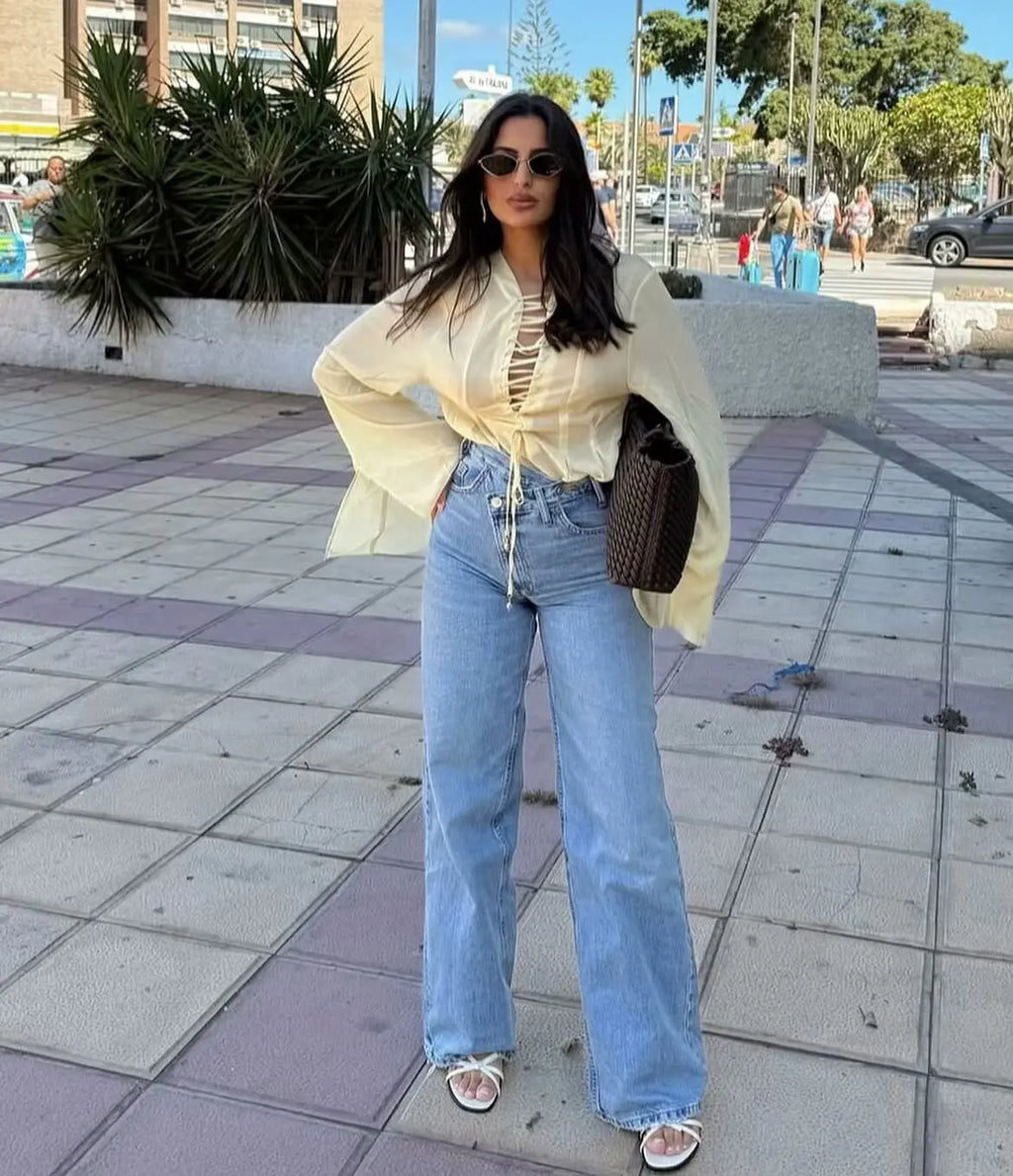 Woman Jeans Pants 2025 Spring High Waist Wide Leg Straight Fit Blue Casual Vintage Versatile Daily Streetwear Denim Jeans