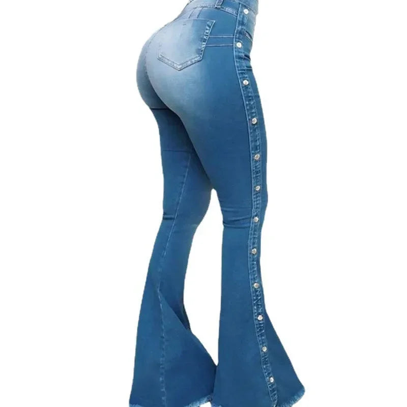 Women Jeans High Waist Strecth Denim Flare Pants Vintage Trousers Buttons Denims Streetwear Spring Autumn Female Floor Length
