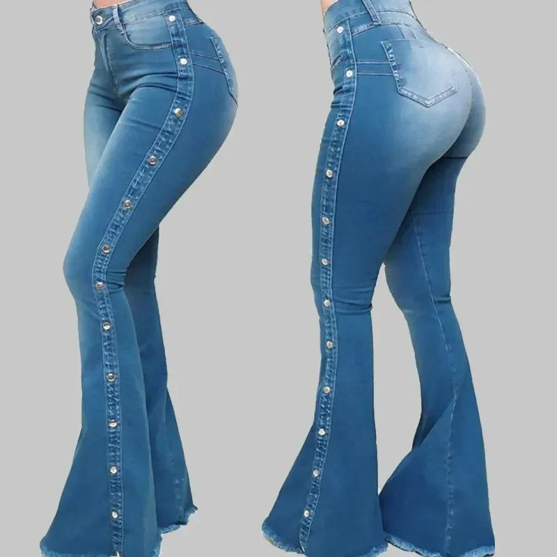 Women Jeans High Waist Strecth Denim Flare Pants Vintage Trousers Buttons Denims Streetwear Spring Autumn Female Floor Length