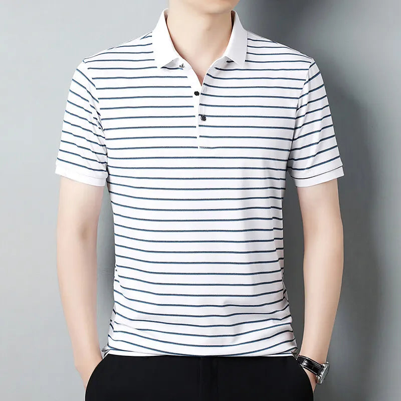Summer Fashion Striped T-Shirts Men Turn Down Collar Short Sleeve Smart Casual Tshirt Mens Wrinkle Free High Quality Tees Tops