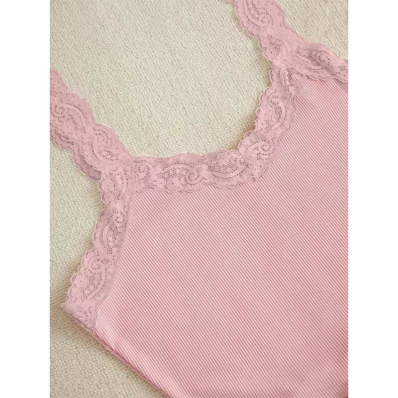 Women Two-piece Summer Sexy Pajama Set Ribbed Knitted Flower Print Lace Trimmed Camisole Vest Bow Shorts Suspender Shorts Suit
