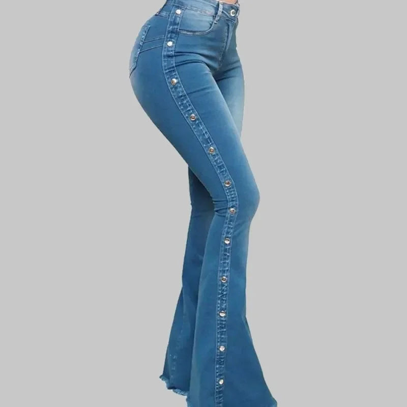 Women Jeans High Waist Strecth Denim Flare Pants Vintage Trousers Buttons Denims Streetwear Spring Autumn Female Floor Length