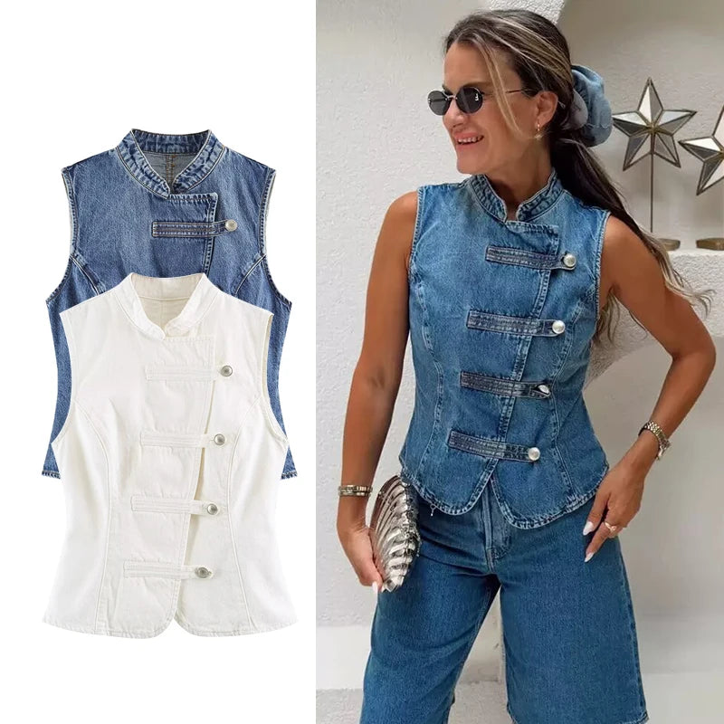 Women's Tops 2026 Summer New Fashion Retro Denim Blouse Women's Chic Summer Travel Joker Youth Blouse Vest