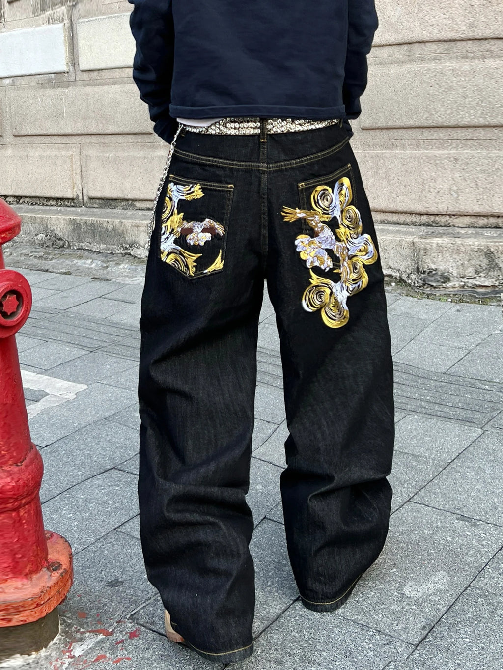 Men's Jeans Versatile Black Baggy Wide Pants,Trendy Embroidered Retro Y2K Men's Trousers,Suitable For All Seasons No Accessories