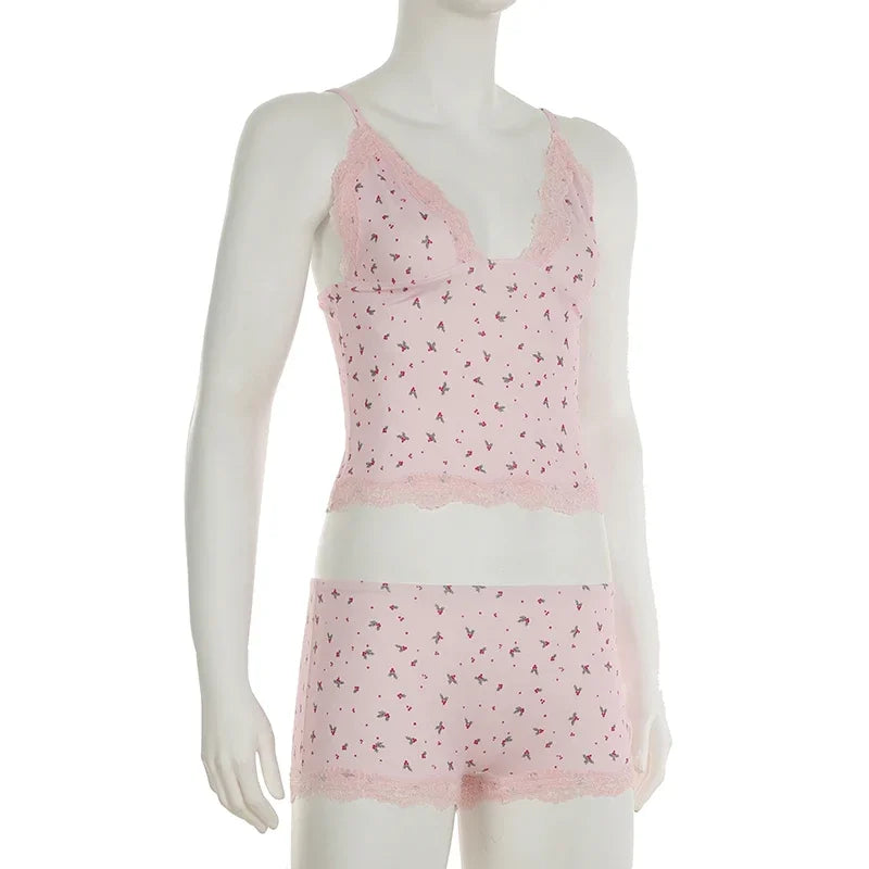 Summer Two-piece Pajamas Set for Women Sleepwear  Floral Lace Pink Sleeveless Camisoles and Slim Shorts Loungewear