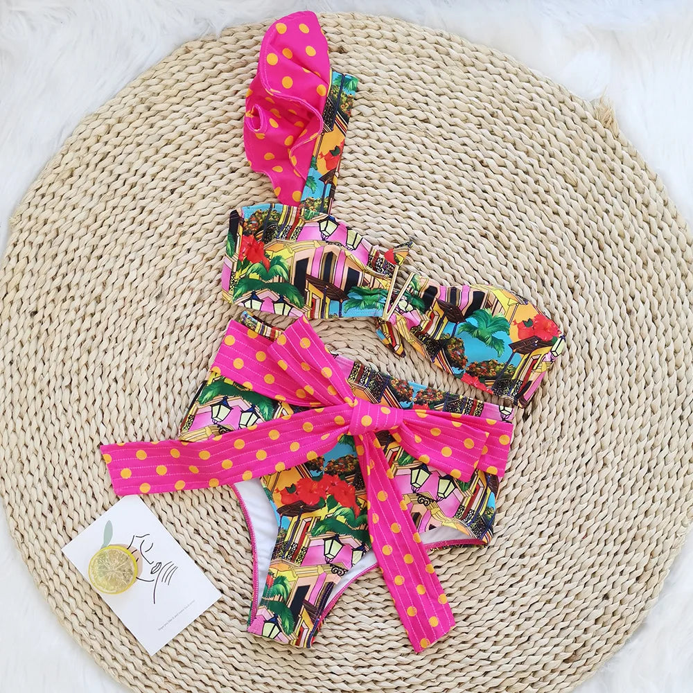 Two-Pieces Women Floral 2023 Push-Up Padded Bra Ruffles Bandage Bikini Set Swimsuit Swimwear Bathing Suit Beachwear Biquini